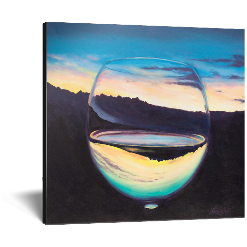 Archival print on canvas of a painting of a glass of white wine refracting a scenic landscape with a serene evening atmosphere.