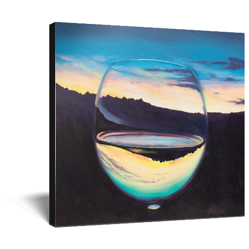 Archival print on canvas of a painting of a glass of white wine refracting a scenic landscape with a serene evening atmosphere.