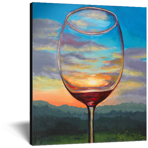 Archival print on canvas of a contemporary landscape painting of a glass of red wine refracting a colorful sunset over blue mountains. 