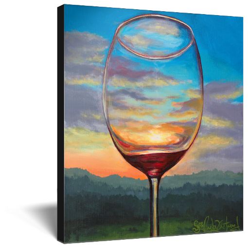 Archival print on canvas of a contemporary landscape painting of a glass of red wine refracting a colorful sunset over blue mountains. 