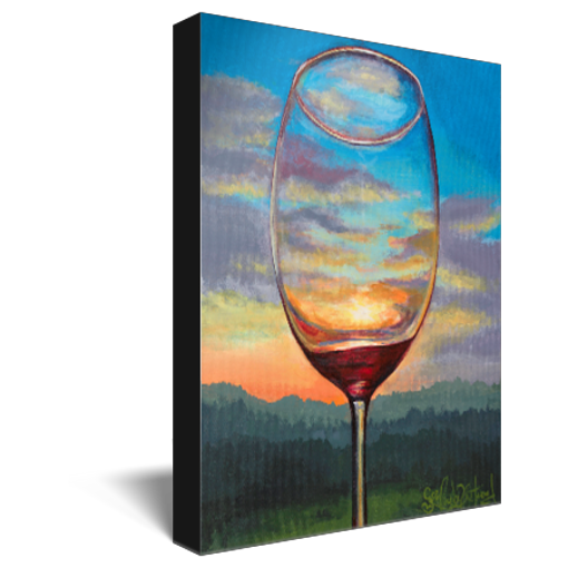 Archival print on canvas of a contemporary landscape painting of a glass of red wine refracting a colorful sunset over blue mountains. 