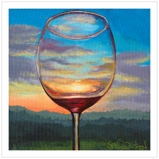 Archival print on matte paper of a contemporary landscape painting of a glass of red wine refracting a colorful sunset over blue mountains. 