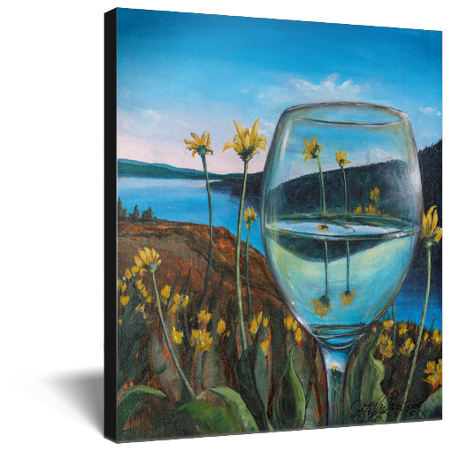 Archival print on canvas of a landscape painting with a glass of white wine refracting a background of yellow flowers growing next to a blue lake, under a blue sky. 