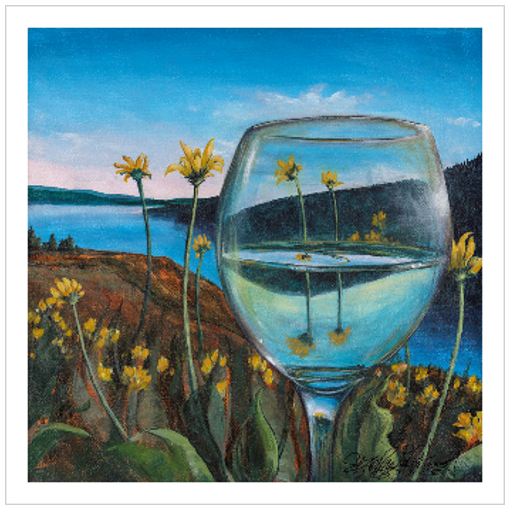 Archival print on matte paper of a landscape painting with a glass of white wine refracting a background of yellow flowers growing next to a blue lake, under a blue sky. 