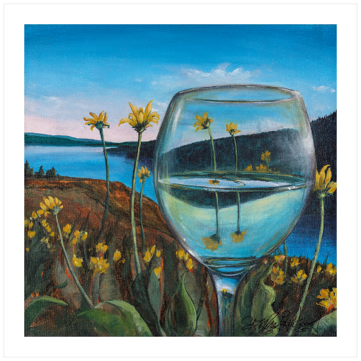Archival print on matte paper of a landscape painting with a glass of white wine refracting a background of yellow flowers growing next to a blue lake, under a blue sky. 