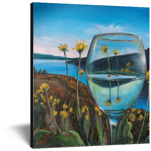 Archival print on canvas of a landscape painting with a glass of white wine refracting a background of yellow flowers growing next to a blue lake, under a blue sky. 