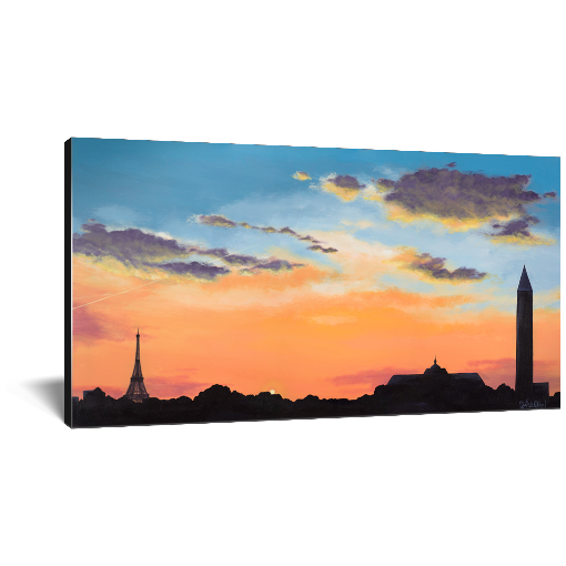 Archival print on canvas of a contemporary cityscape painting of an orange and blue sunset silhouetted by the Paris, France skyline.  