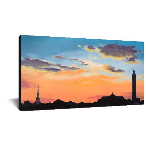 Archival print on canvas of a contemporary cityscape painting of an orange and blue sunset silhouetted by the Paris, France skyline.  