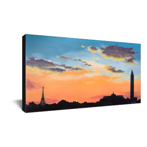 Archival print on canvas of a contemporary cityscape painting of an orange and blue sunset silhouetted by the Paris, France skyline.  