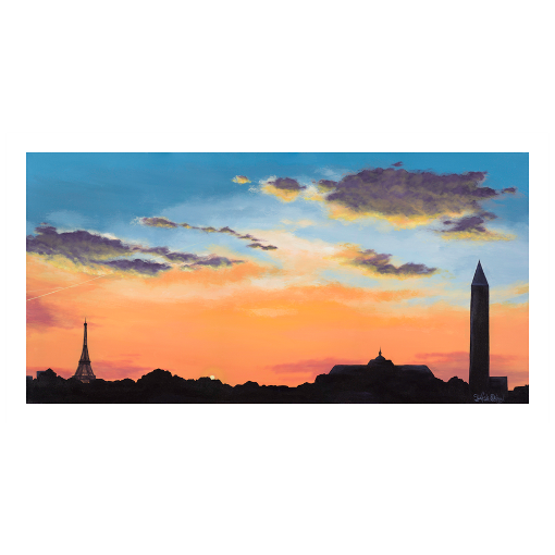 Archival print on matte paper of a contemporary cityscape painting of an orange and blue sunset silhouetted by the Paris, France skyline.  