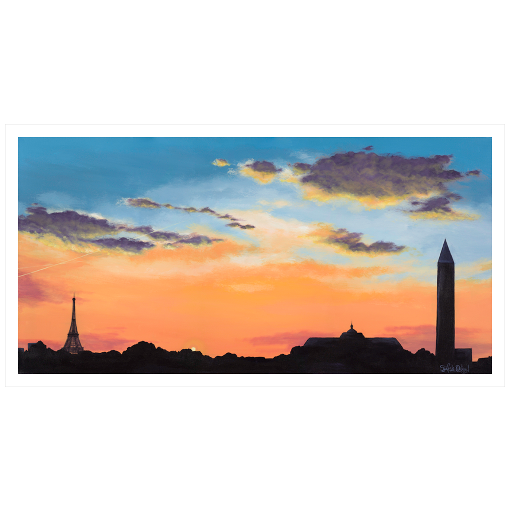 Archival print on matte paper of a contemporary cityscape painting of an orange and blue sunset silhouetted by the Paris, France skyline.  