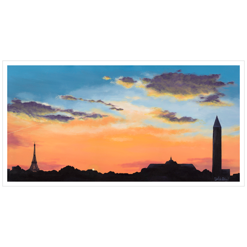 Archival print on matte paper of a contemporary cityscape painting of an orange and blue sunset silhouetted by the Paris, France skyline.  
