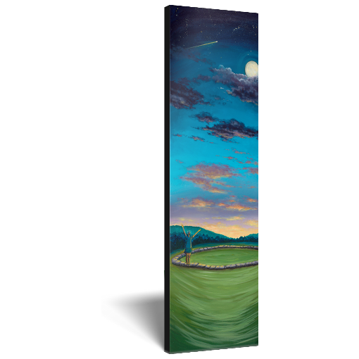 Archival print on canvas of a contemporary landscape painting of a joyful woman standing in a stone circle in a green field under a cosmic night sky with a full moon and a comet. 