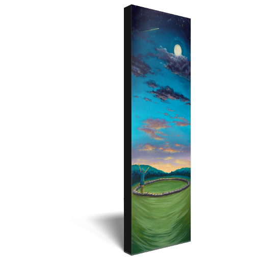 Archival print on canvas of a contemporary landscape painting of a joyful woman standing in a stone circle in a green field under a cosmic night sky with a full moon and a comet. 