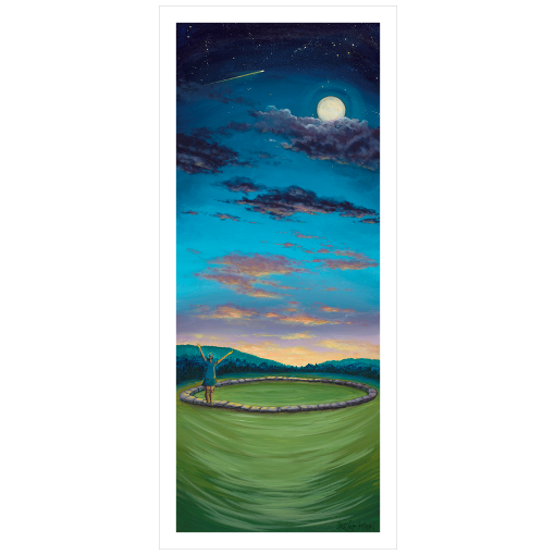 Archival print on matte paper of a contemporary landscape painting of a joyful woman standing in a stone circle in a green field under a cosmic night sky with a full moon and a comet. 