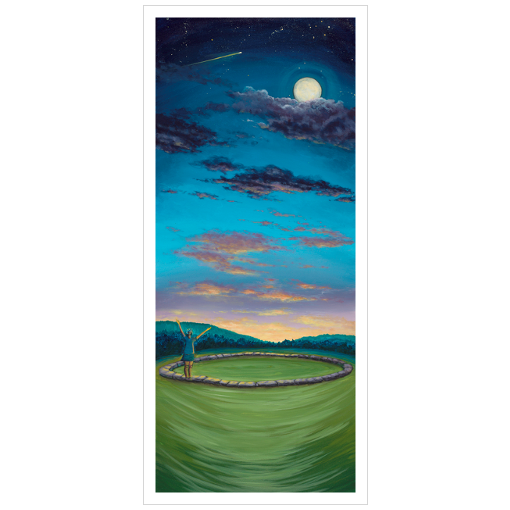 Archival print on matte paper of a contemporary landscape painting of a joyful woman standing in a stone circle in a green field under a cosmic night sky with a full moon and a comet. 