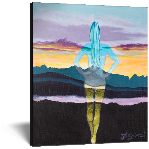 Archival print on canvas of a contemporary landscape painting of an ethereal woman presiding over a serene mountain sunset.