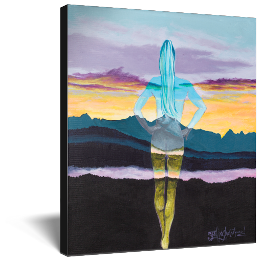 Archival print on canvas of a contemporary landscape painting of an ethereal woman presiding over a serene mountain sunset.