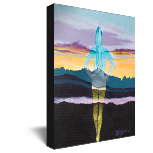 Archival print on canvas of a contemporary landscape painting of an ethereal woman presiding over a serene mountain sunset.