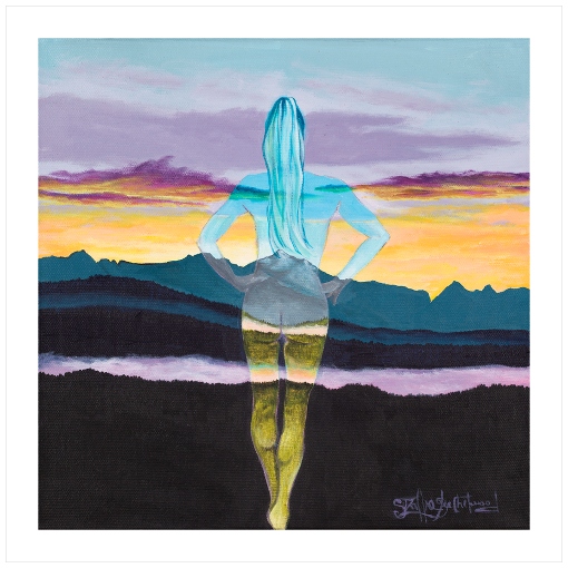Archival print on matte paper of a contemporary landscape painting of an ethereal woman presiding over a serene mountain sunset.