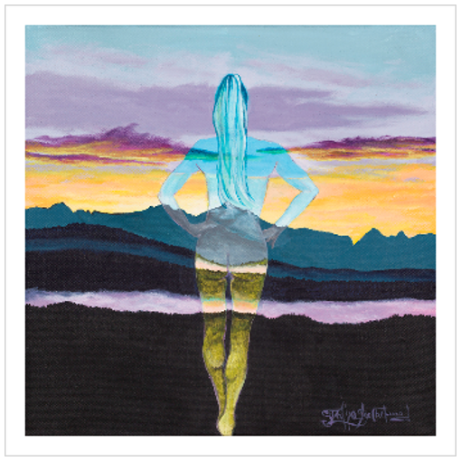 Archival print on matte paper of a contemporary landscape painting of an ethereal woman presiding over a serene mountain sunset.