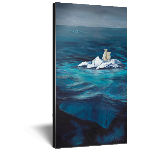Archival print on canvas of a painting of two polar bears sitting on the tip of an iceberg, drifting in a blue ocean under grey stormy skies. 
