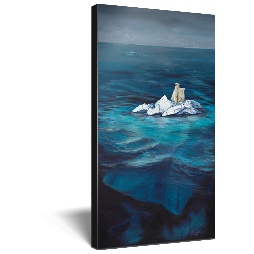 Archival print on canvas of a painting of two polar bears sitting on the tip of an iceberg, drifting in a blue ocean under grey stormy skies. 