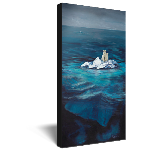 Archival print on canvas of a painting of two polar bears sitting on the tip of an iceberg, drifting in a blue ocean under grey stormy skies. 