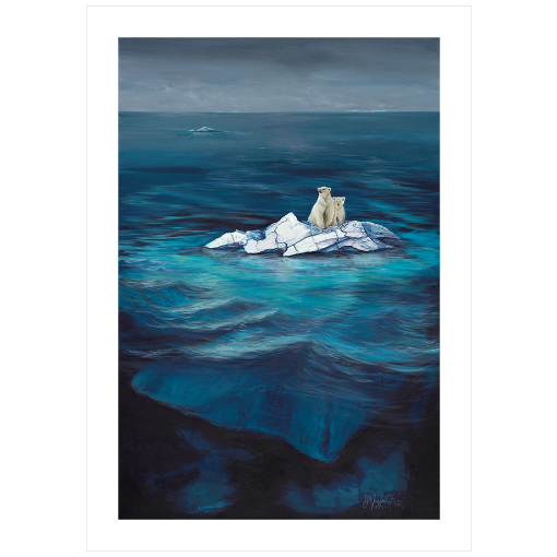 Archival print on matte paper of a painting of two polar bears sitting on the tip of an iceberg, drifting in a blue ocean under grey stormy skies. 