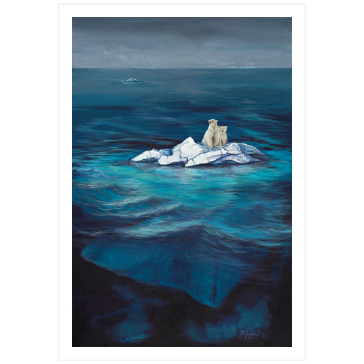 Archival print on matte paper of a painting of two polar bears sitting on the tip of an iceberg, drifting in a blue ocean under grey stormy skies. 