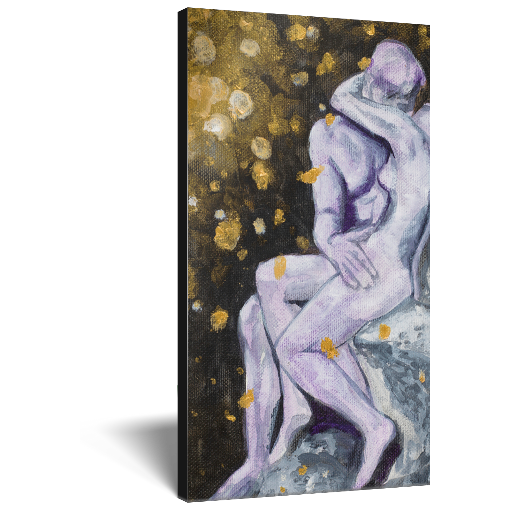 Archival print on canvas of a painting of The Kiss, a marble sculpture by the French sculptor Auguste Rodin, depicting two embracing nude figures set against a dark background with sparks of light.
