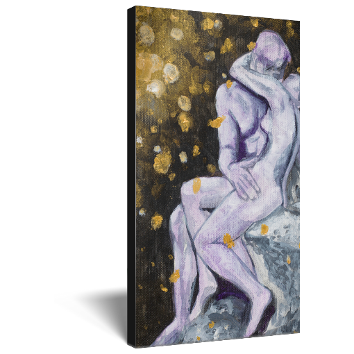Archival print on canvas of a painting of The Kiss, a marble sculpture by the French sculptor Auguste Rodin, depicting two embracing nude figures set against a dark background with sparks of light.