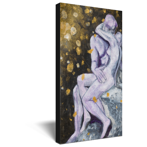 Archival print on canvas of a painting of The Kiss, a marble sculpture by the French sculptor Auguste Rodin, depicting two embracing nude figures set against a dark background with sparks of light.