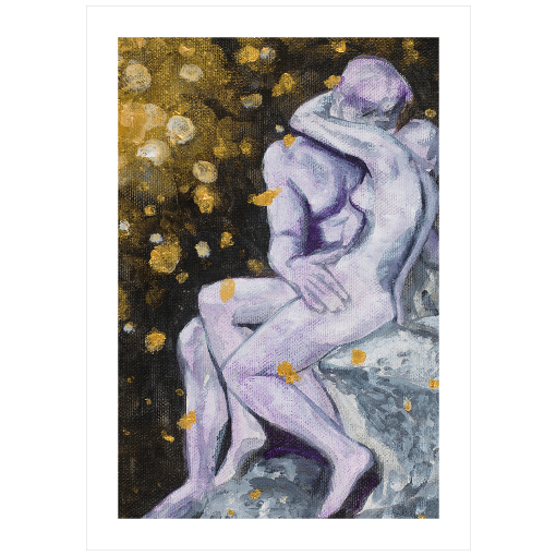 Archival print on matte paper of a painting of The Kiss, a marble sculpture by the French sculptor Auguste Rodin, depicting two embracing nude figures set against a dark background with sparks of light.