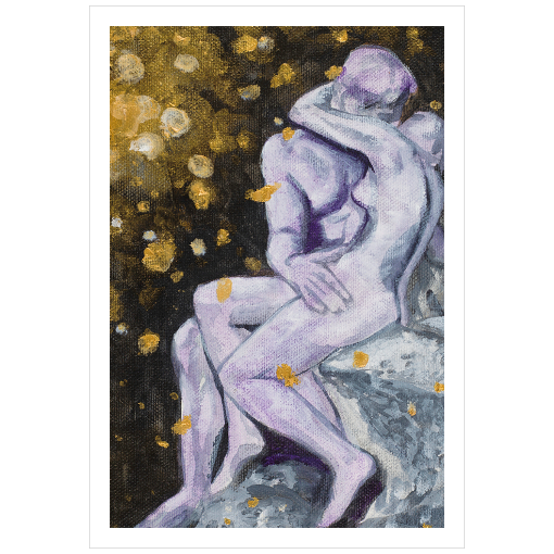 Archival print on matte paper of a painting of The Kiss, a marble sculpture by the French sculptor Auguste Rodin, depicting two embracing nude figures set against a dark background with sparks of light.