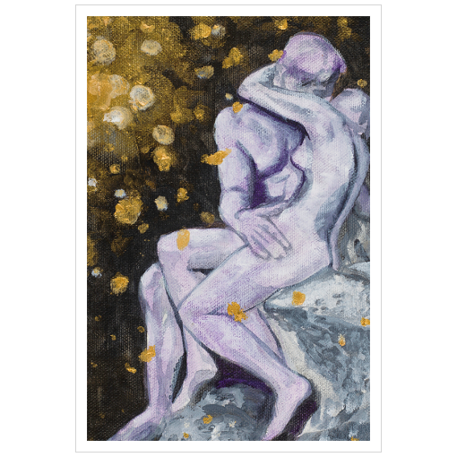 Archival print on matte paper of a painting of The Kiss, a marble sculpture by the French sculptor Auguste Rodin, depicting two embracing nude figures set against a dark background with sparks of light.
