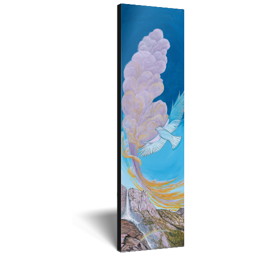 Archival print on canvas of a contemporary landscape painting of a waterfall over rocky cliffs with rainbows and heavenly clouds behind a soaring white bird. 