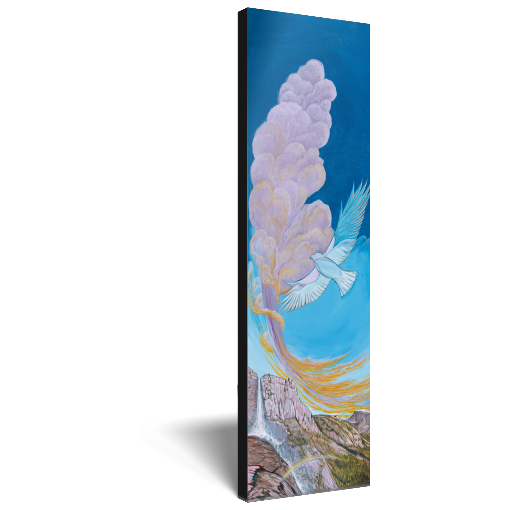 Archival print on canvas of a contemporary landscape painting of a waterfall over rocky cliffs with rainbows and heavenly clouds behind a soaring white bird. 
