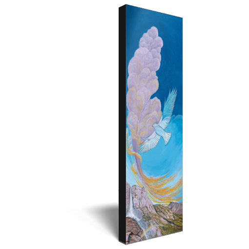 Archival print on canvas of a contemporary landscape painting of a waterfall over rocky cliffs with rainbows and heavenly clouds behind a soaring white bird. 