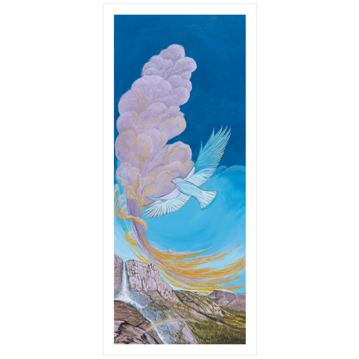 Archival print on matte paper of a contemporary landscape painting of a waterfall over rocky cliffs with rainbows and heavenly clouds behind a soaring white bird.
