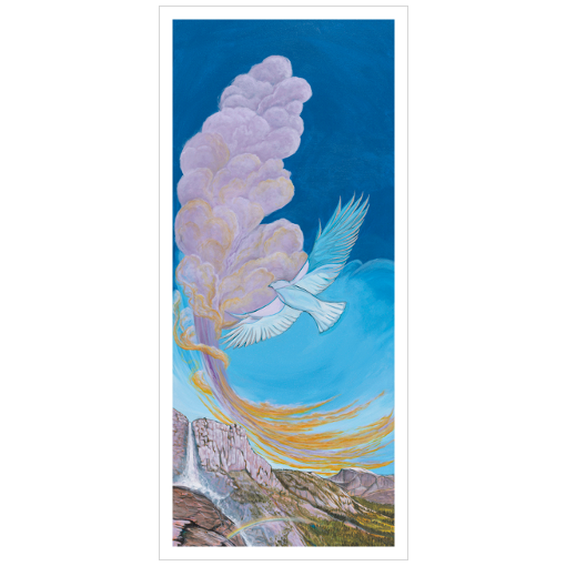 Archival print on matte paper of a contemporary landscape painting of a waterfall over rocky cliffs with rainbows and heavenly clouds behind a soaring white bird.