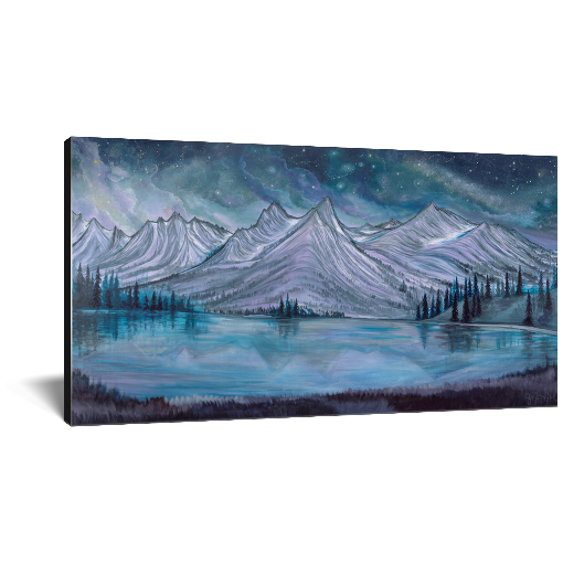 Archival print on canvas of a shimmering lake reflecting the Sawtooth Mountain Range in Idaho, beneath a cosmic night sky.