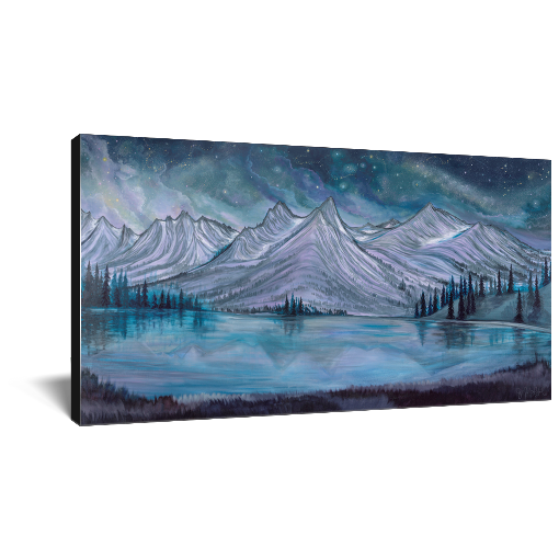 Archival print on canvas of a shimmering lake reflecting the Sawtooth Mountain Range in Idaho, beneath a cosmic night sky.