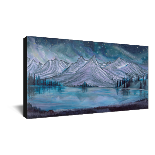 Archival print on canvas of a shimmering lake reflecting the Sawtooth Mountain Range in Idaho, beneath a cosmic night sky.