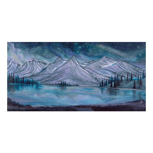 Archival print on matte paper of a shimmering lake reflecting the Sawtooth Mountain Range in Idaho, beneath a cosmic night sky.