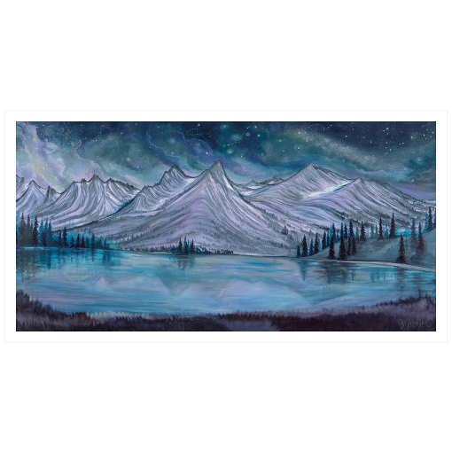Archival print on matte paper of a shimmering lake reflecting the Sawtooth Mountain Range in Idaho, beneath a cosmic night sky.