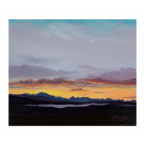 Archival print on matte paper of a sunset in the Sawtooth Mountains in Stanley, Idaho. 