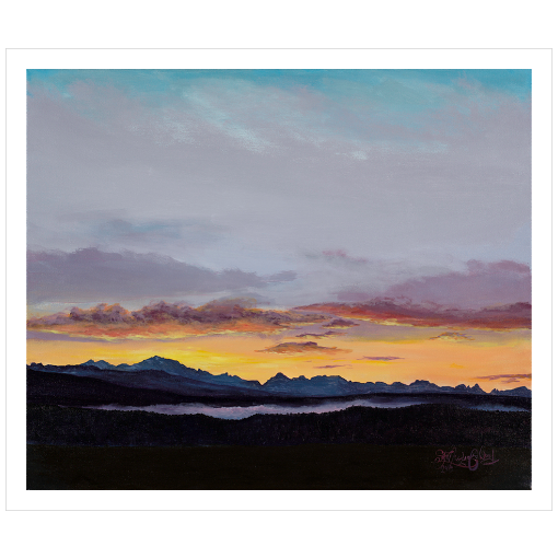 Archival print on matte paper of a sunset in the Sawtooth Mountains in Stanley, Idaho. 