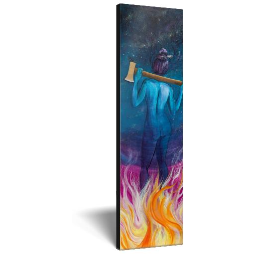Archival print on canvas of an ethereal blue impression of a woman standing in fire and resting an ax on her shoulders, overlayed upon a celestial background.