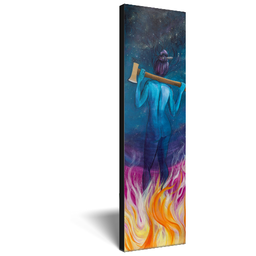 Archival print on canvas of an ethereal blue impression of a woman standing in fire and resting an ax on her shoulders, overlayed upon a celestial background.